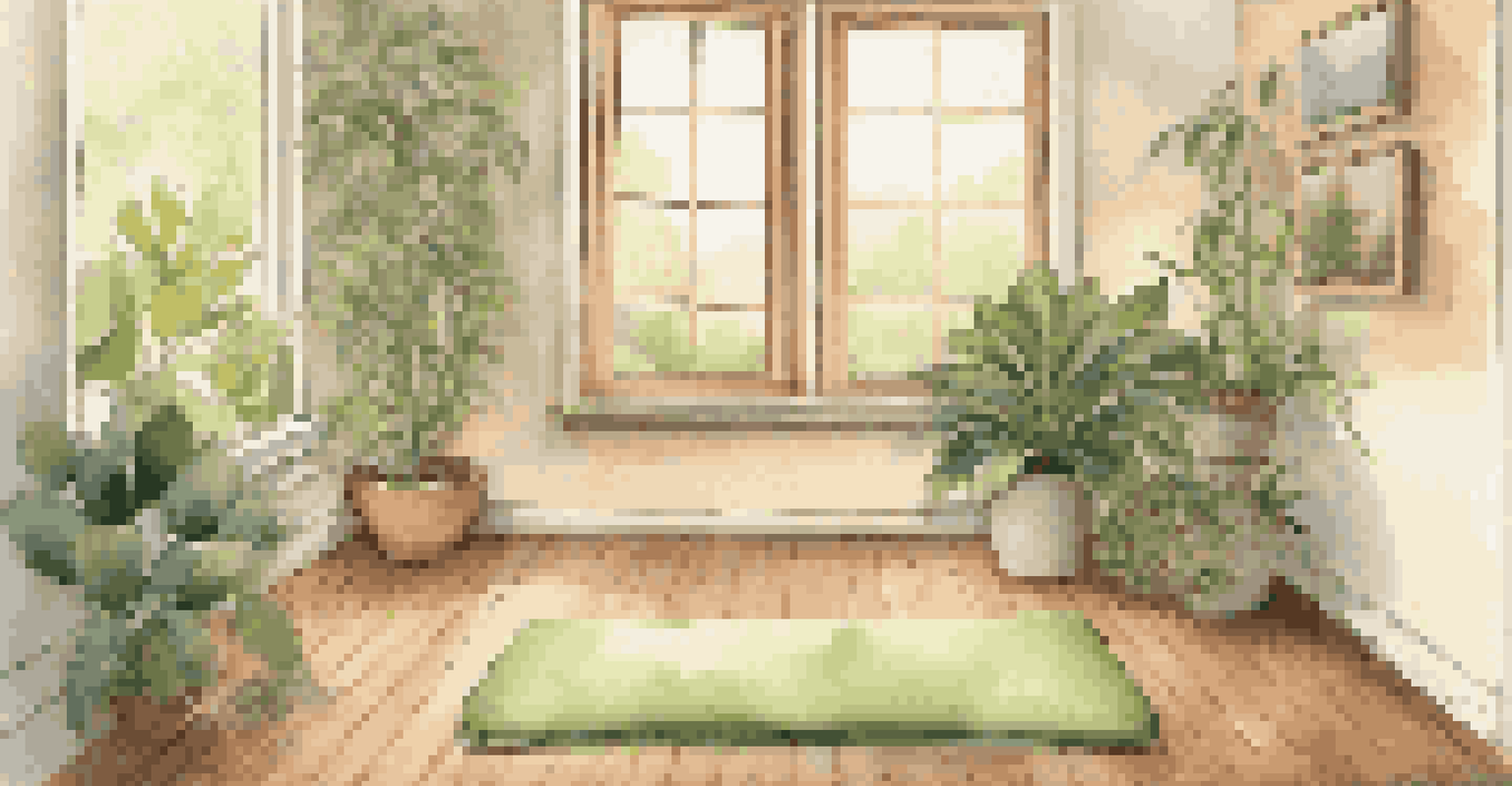 A tranquil meditation space with a yoga mat, plants, and soft candlelight creating a warm, inviting atmosphere.