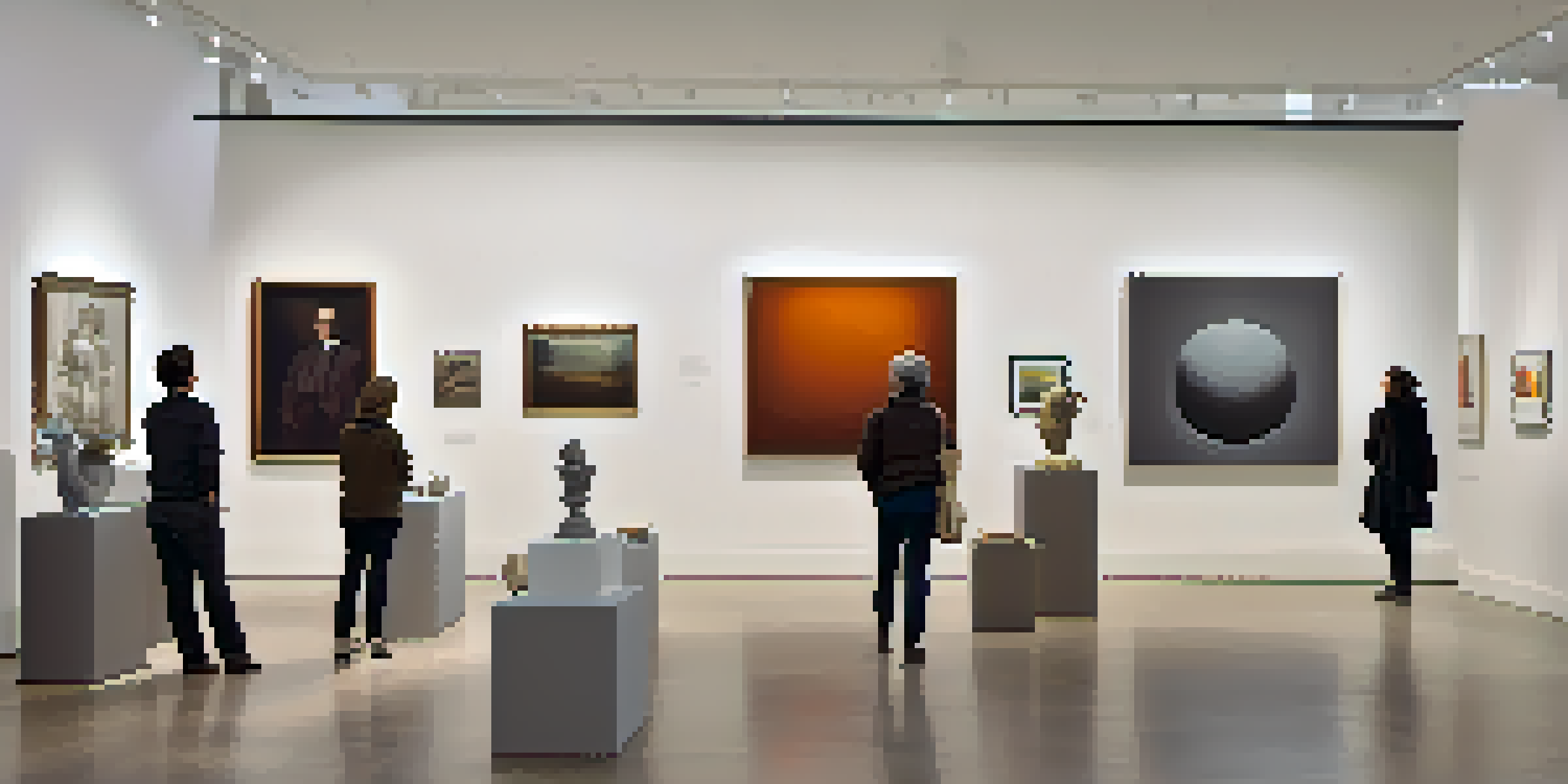 A tranquil art gallery filled with various artworks and visitors appreciating the pieces under soft lighting.
