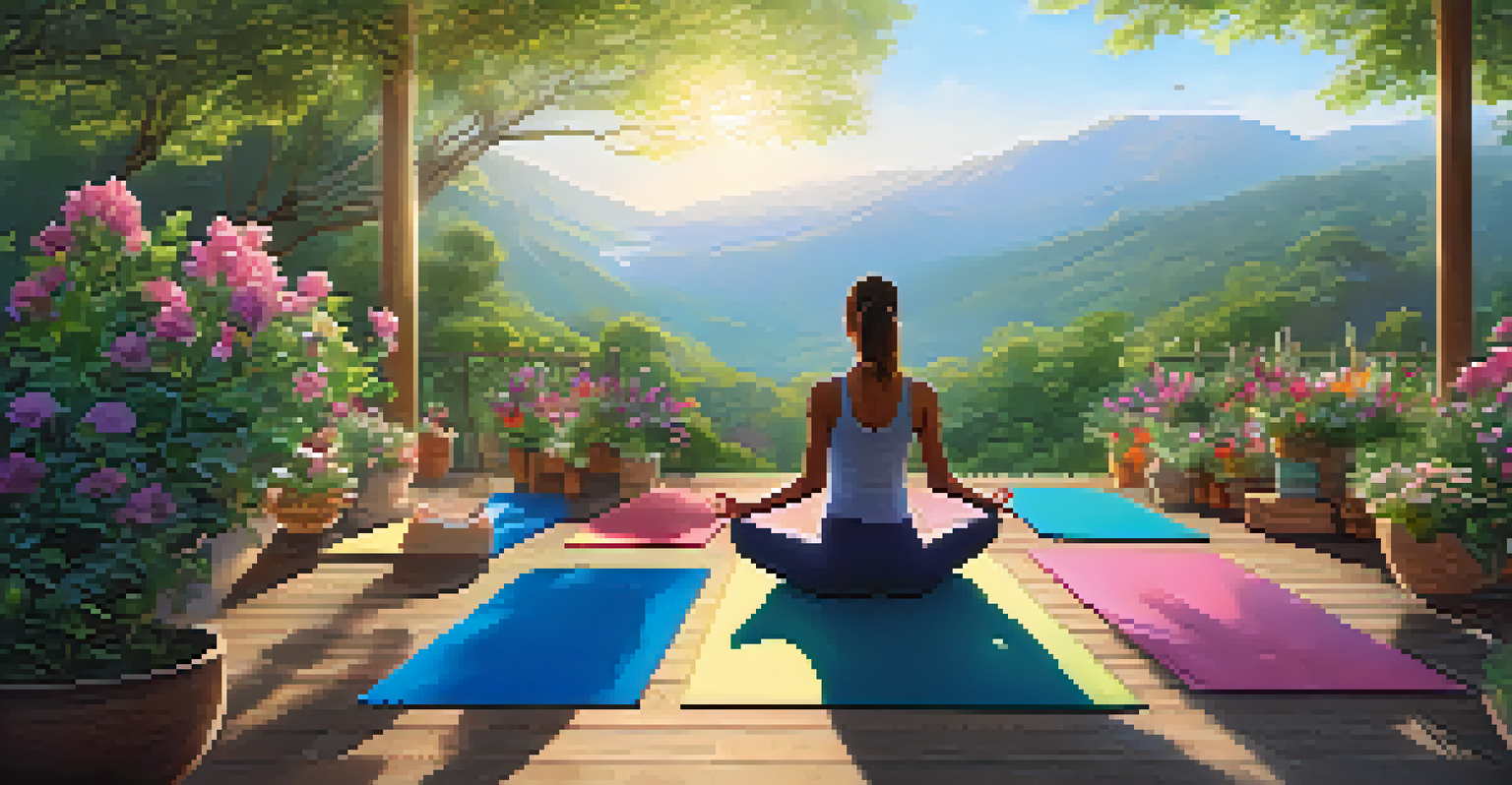 Participants practicing yoga in a lush garden at a luxury retreat, surrounded by flowers and greenery with morning light filtering through the trees.