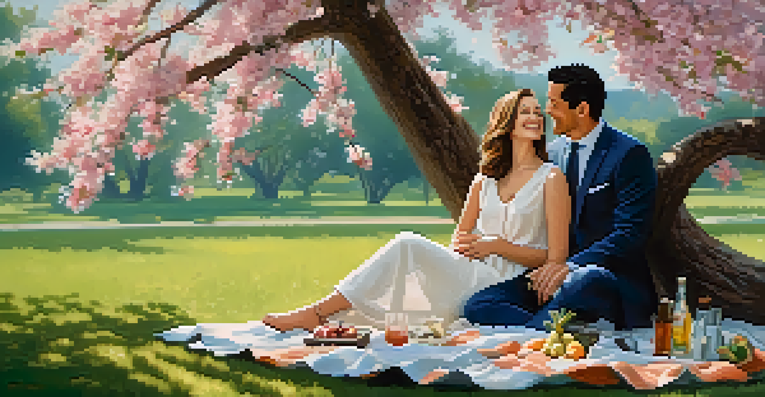 A couple enjoying a picnic under a blooming tree, laughing and sharing a moment of intimacy, with flowers around them.