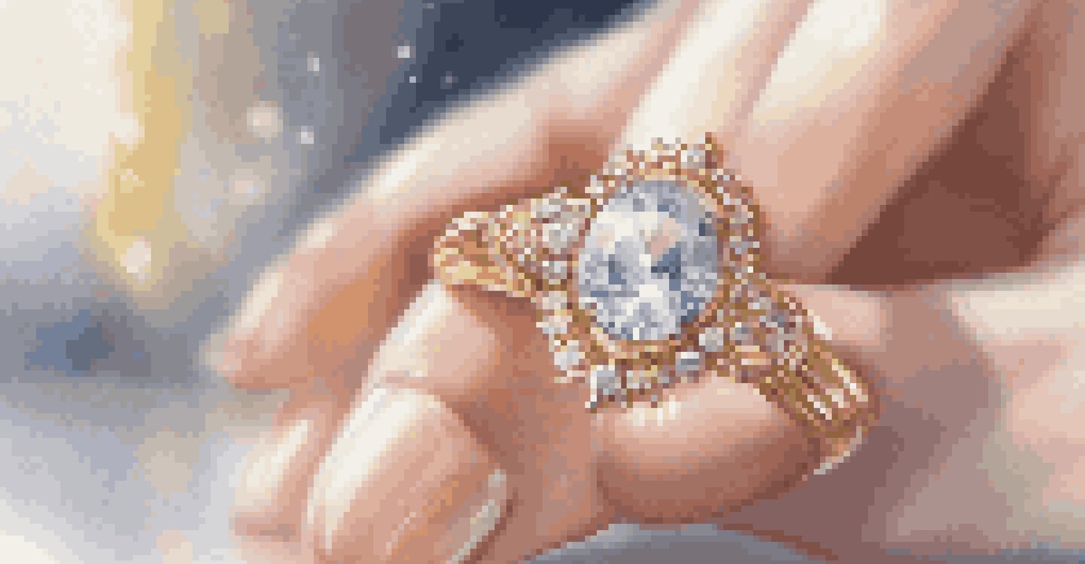 A close-up of a hand showcasing an elegant jewelry piece with sparkling diamonds and intricate details.