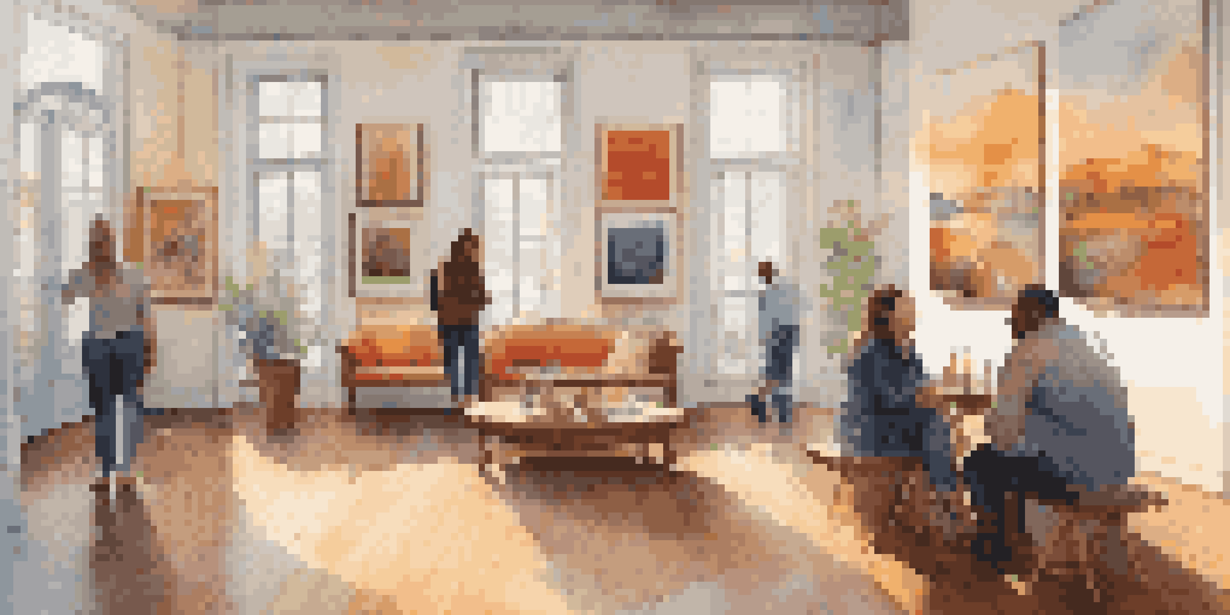 A cozy art gallery with colorful contemporary artworks, soft lighting, and diverse visitors engaging in conversation.