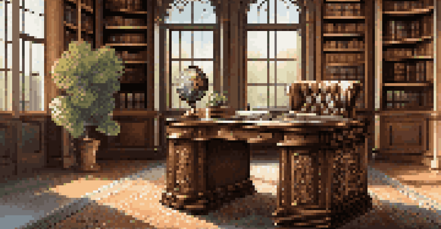 A wooden desk with carvings and a metal chair, decorated with a globe and journals, in a cozy library.