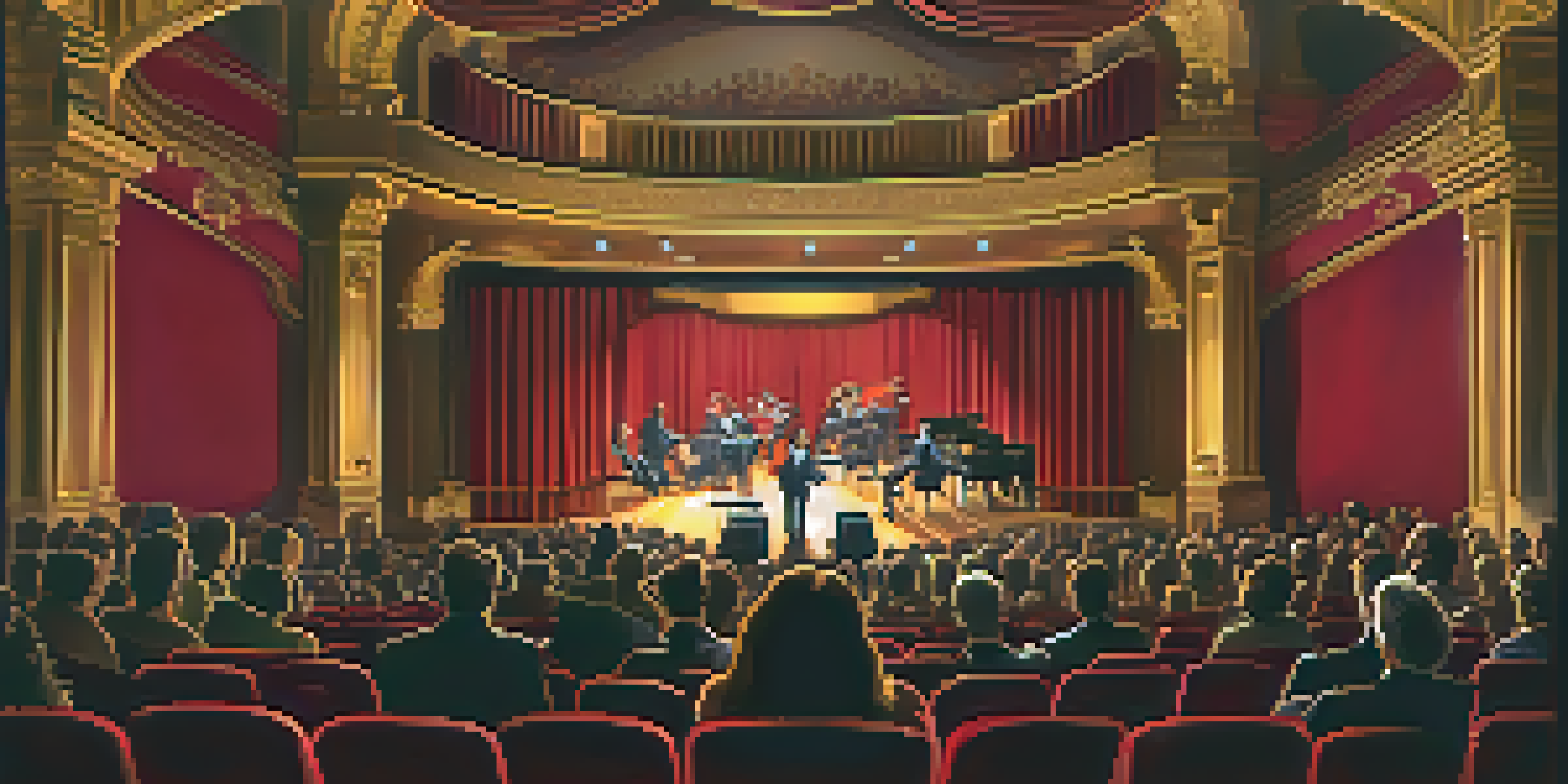 A solo musician performing on stage in a historic theater, with warm lighting and an engaged audience, showcasing the luxurious setting.