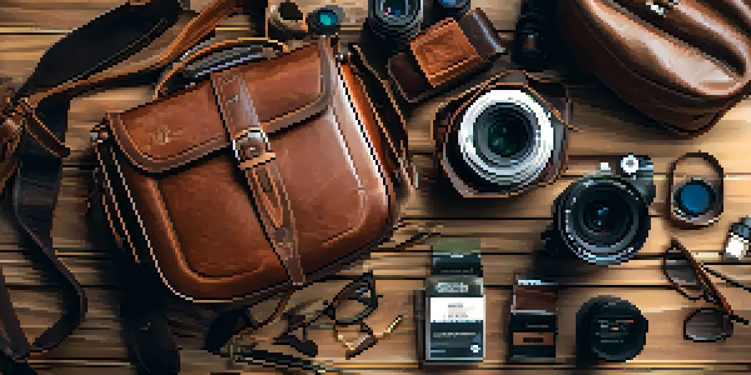 A luxurious leather camera bag on a wooden table with photography accessories around it, illuminated by soft natural light.
