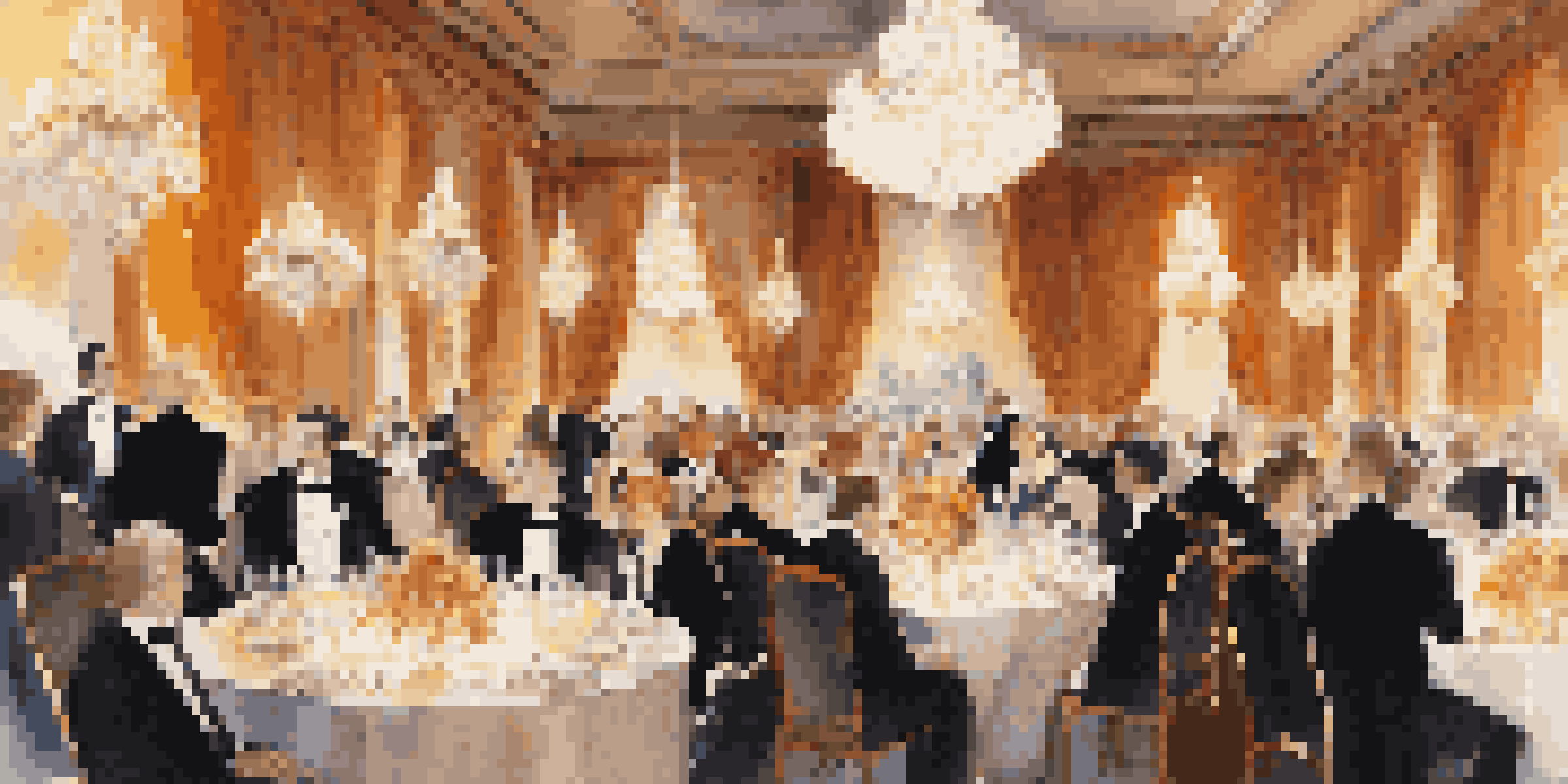 A luxurious gala dinner in a beautifully decorated ballroom with chandeliers and floral arrangements, featuring elegantly dressed attendees.