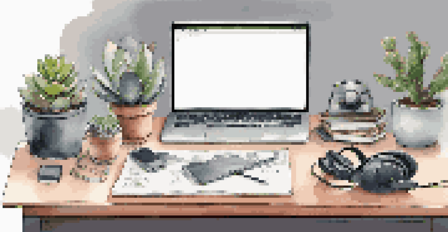 A modern home office desk with a laptop, headphones, organized workspace, and ambient lighting for productivity.