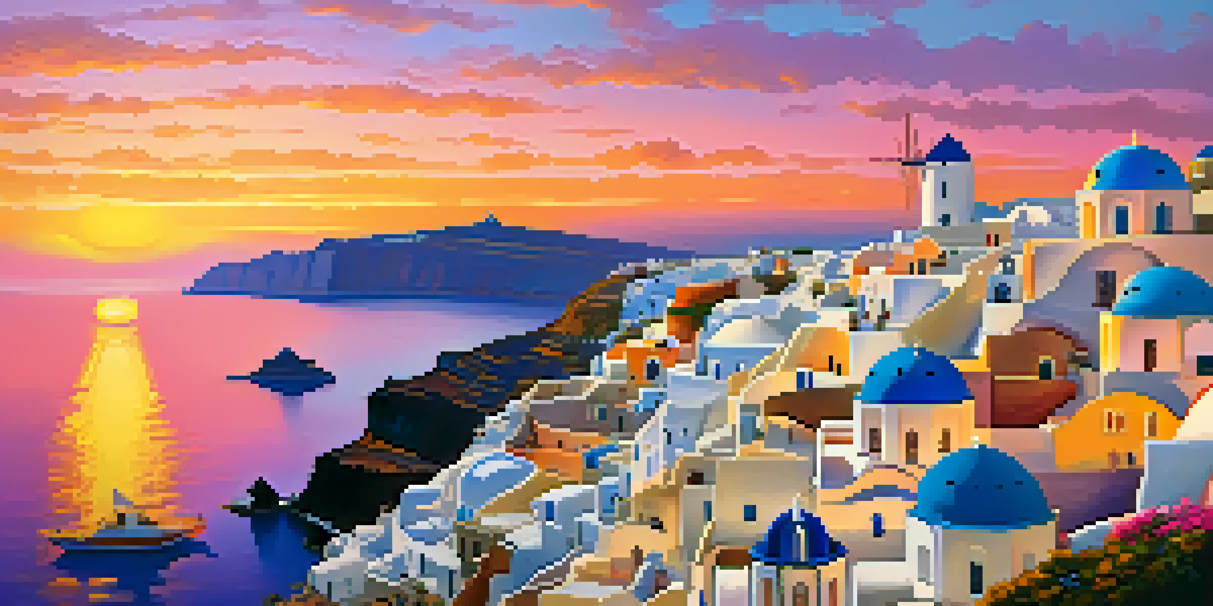 A stunning sunset view of Santorini, highlighting white-washed buildings and blue domes with a colorful sky.