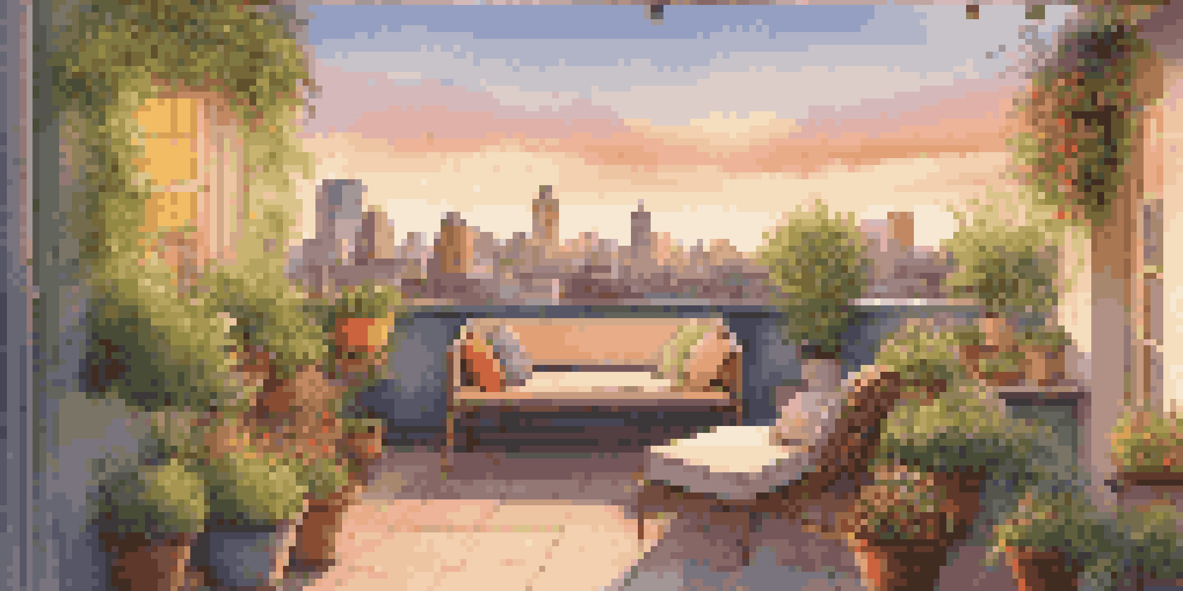 A tranquil rooftop garden filled with vibrant plants and comfortable seating, overlooking a city skyline during sunset.