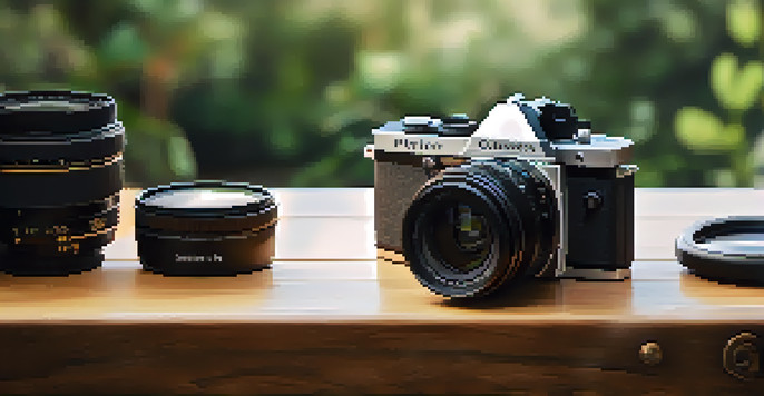 A close-up of a luxury camera on a wooden table with accessories for cleaning and maintenance.