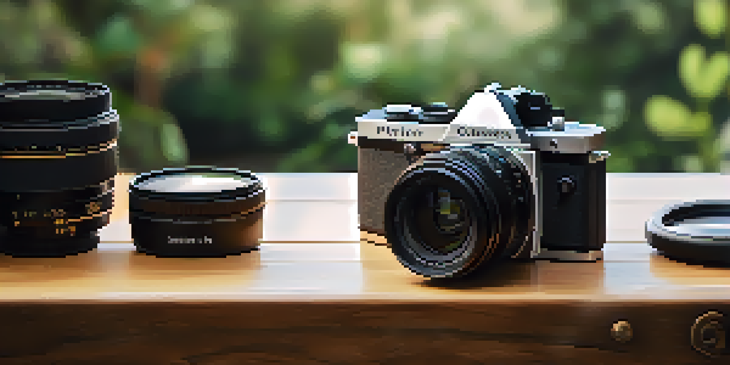 A close-up of a luxury camera on a wooden table with accessories for cleaning and maintenance.
