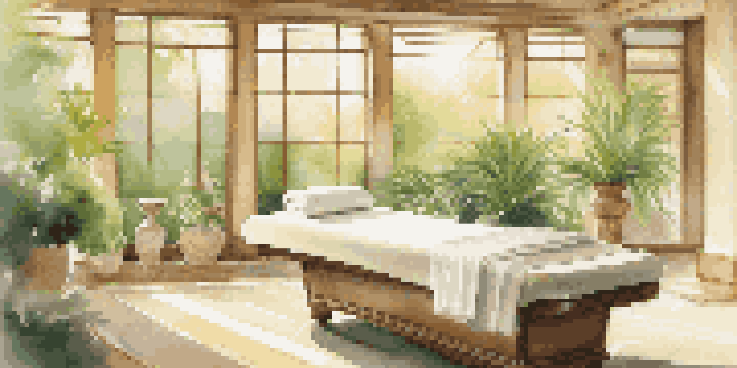 A serene luxury spa treatment room with large windows and a view of a green garden, featuring a massage table and calming decor.