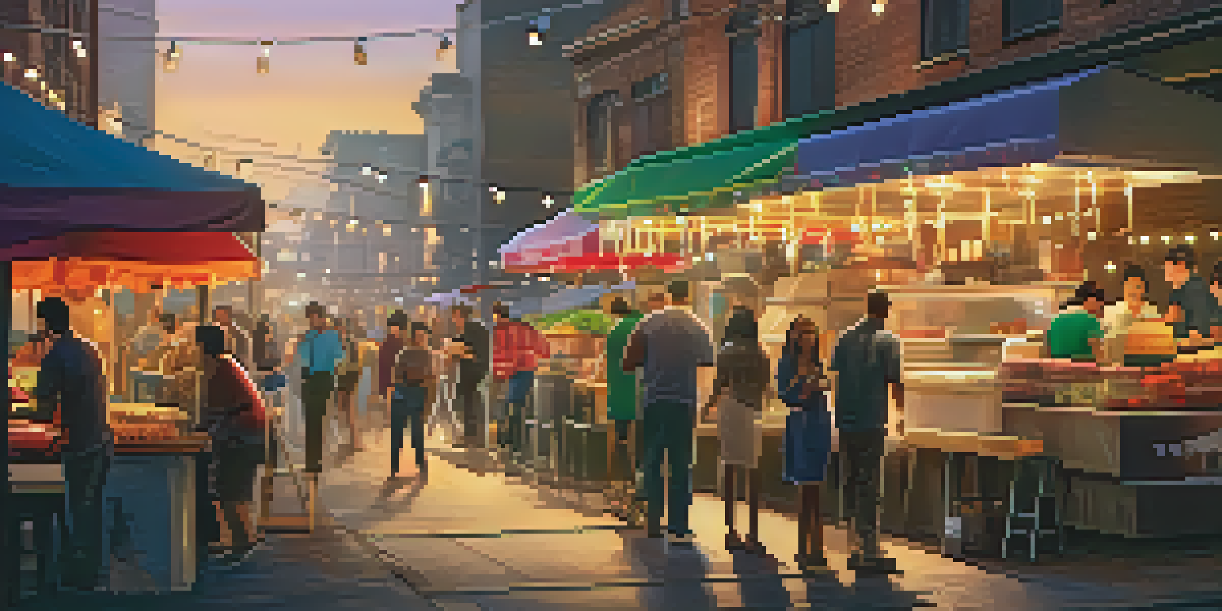 A lively street food market with colorful stalls serving gourmet tacos and burgers, illuminated by sunset and string lights.