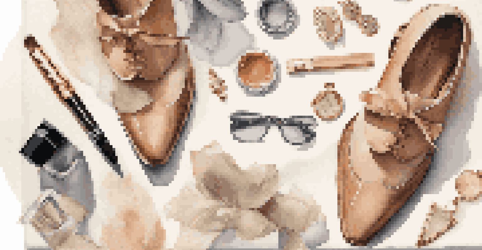 A flat lay of luxury fashion items made from eco-friendly materials, arranged on a natural textured surface.