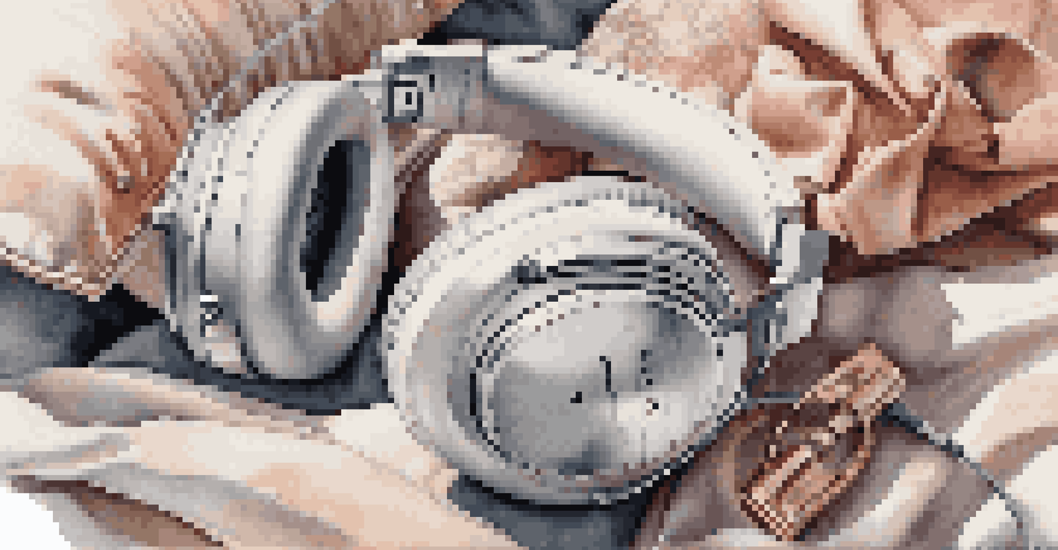 Stylish designer headphones on a plush velvet cushion with a handbag and fashion magazines in the background.