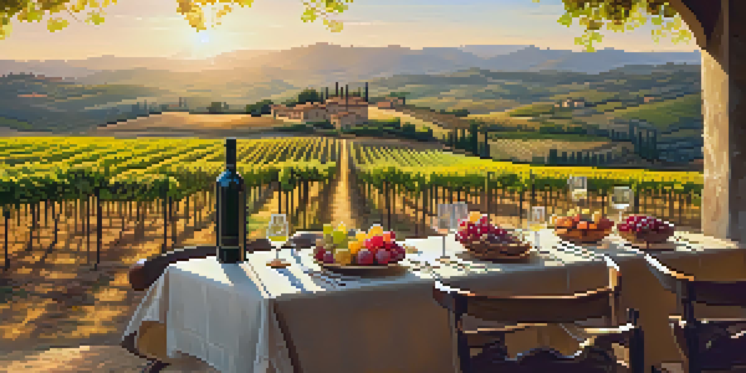 A scenic vineyard in Tuscany with a rustic dinner table set for an outdoor meal, showcasing Italian cuisine and Chianti wine under warm sunset light.