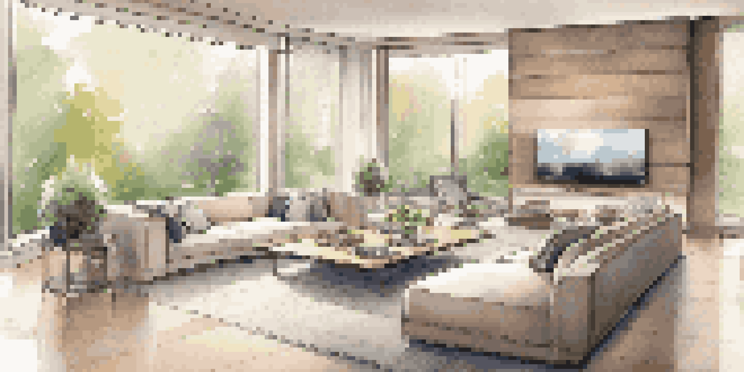 A luxurious living room with advanced home automation technology and soft ambient lighting, showcasing plush furniture and elegant decor.