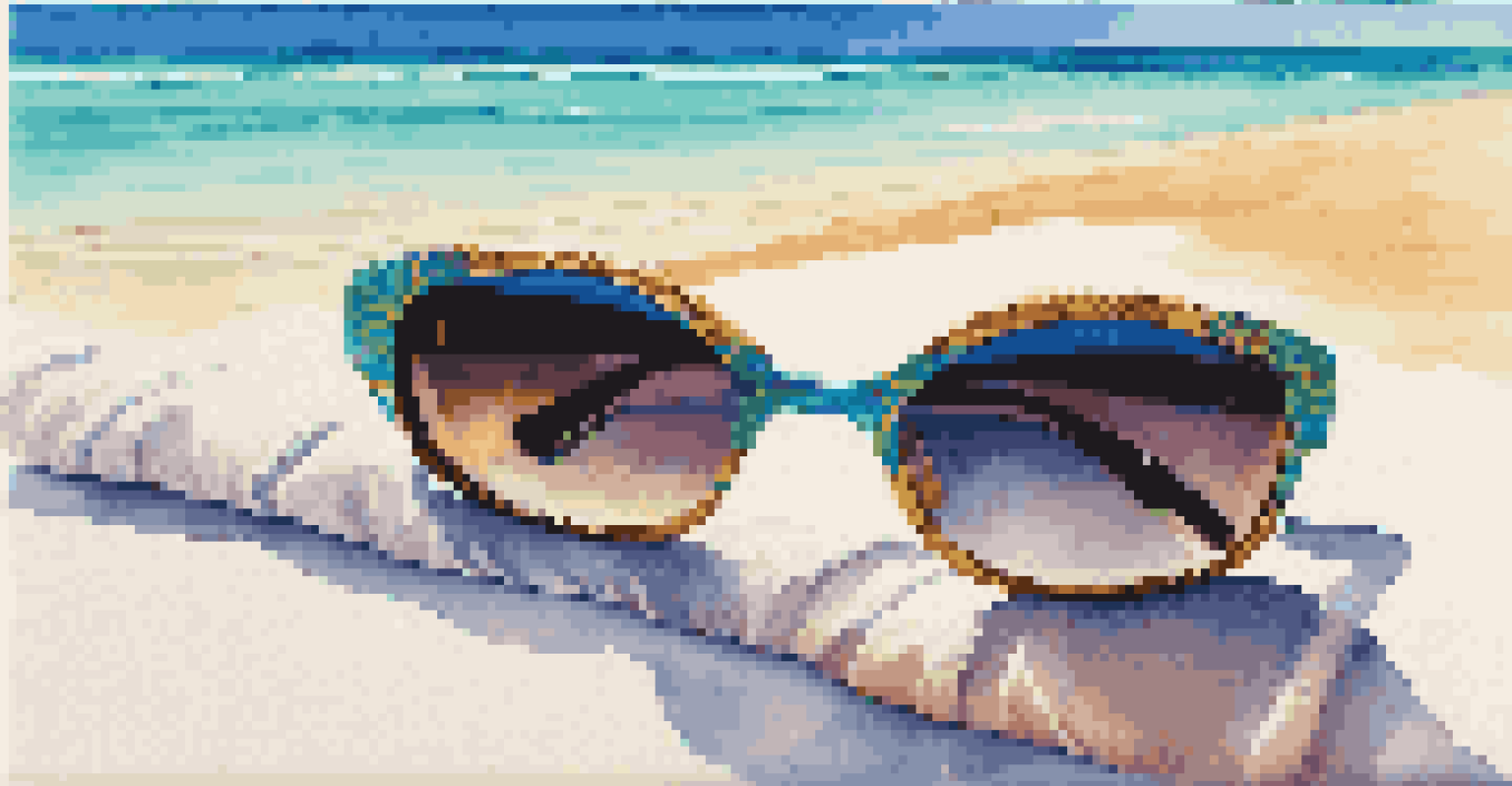 Oversized designer sunglasses on a beach towel at a sunlit Maldives beach with turquoise water.