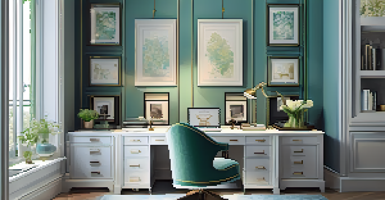 A luxurious home office with a marble desk, ergonomic chair, and pastel colored walls.