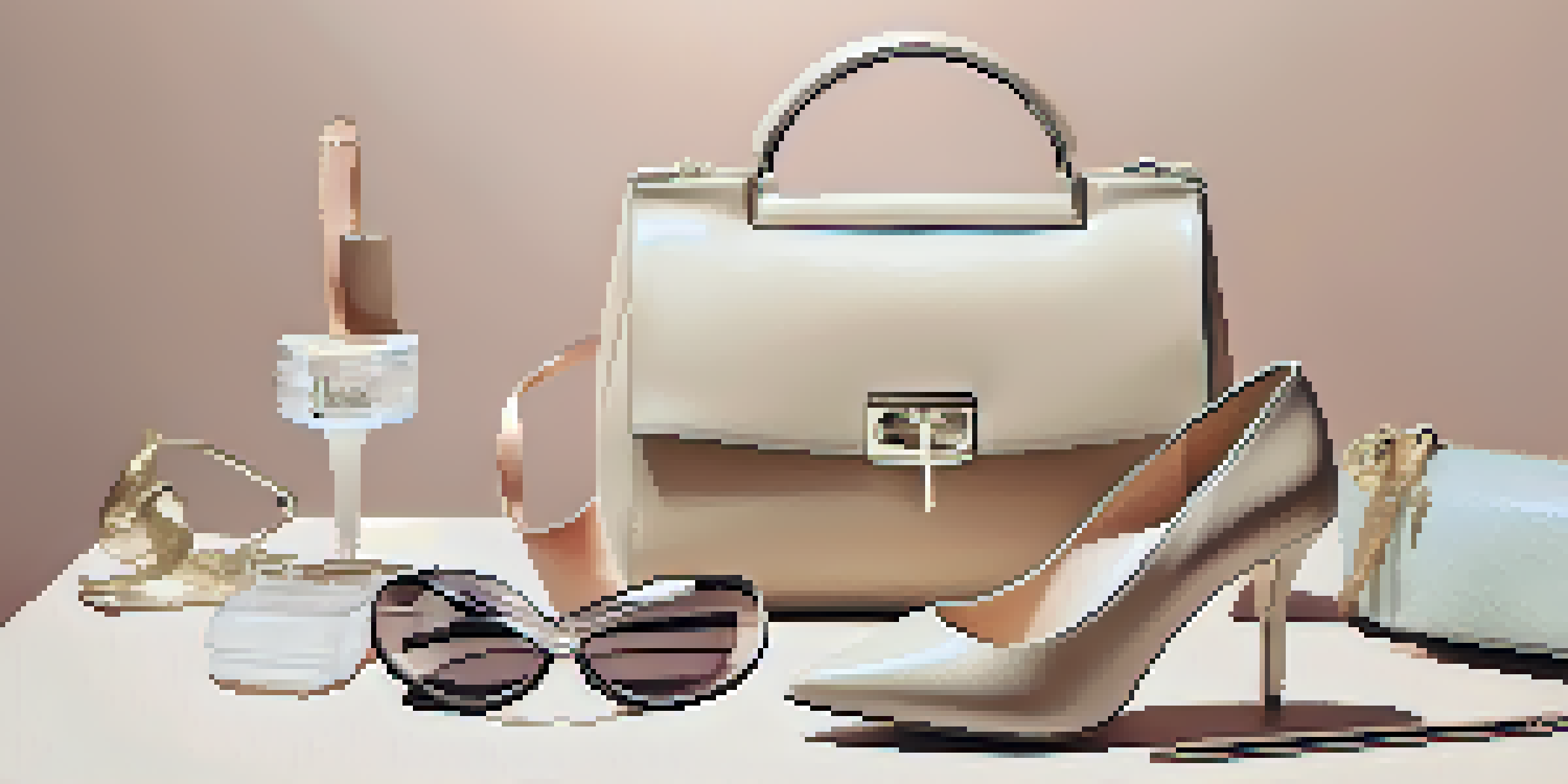A flat lay image showcasing luxury fashion items like a designer handbag, sunglasses, and high-heeled shoes on a pastel textured background.