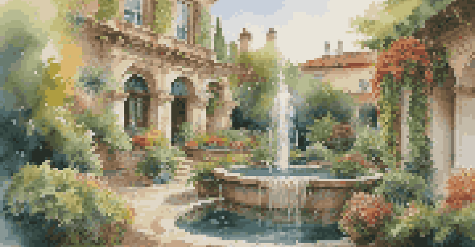 A stunning vertical garden filled with green plants and colorful flowers, featuring a stylish water feature, illuminated by warm sunlight.