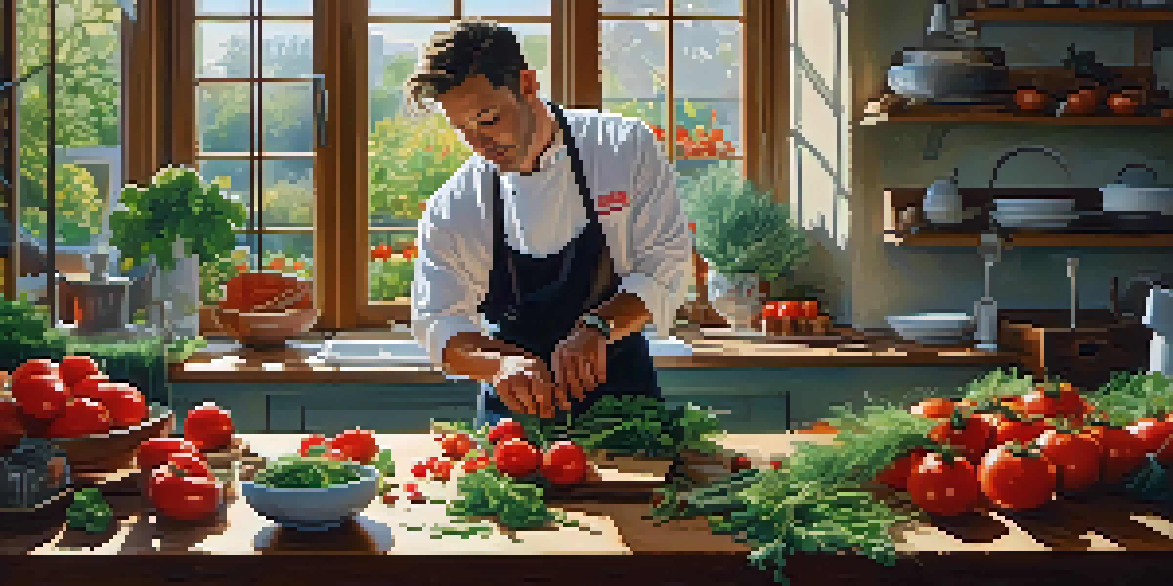 A celebrity chef in a bright kitchen preparing a colorful dish with fresh seasonal ingredients, illuminated by sunlight.