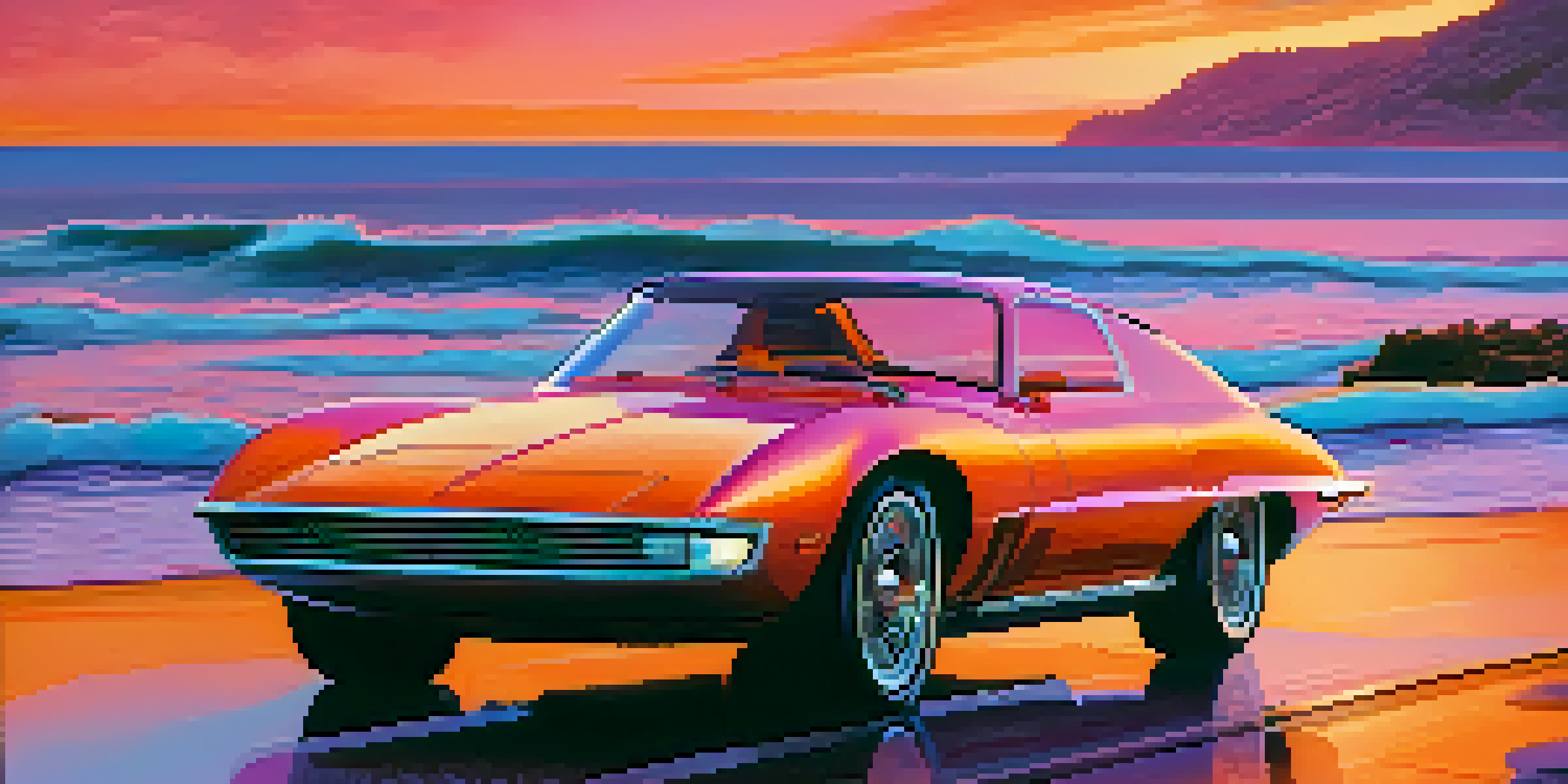 A modern electric luxury car parked by the coast at sunset, reflecting vibrant colors in its glossy finish.