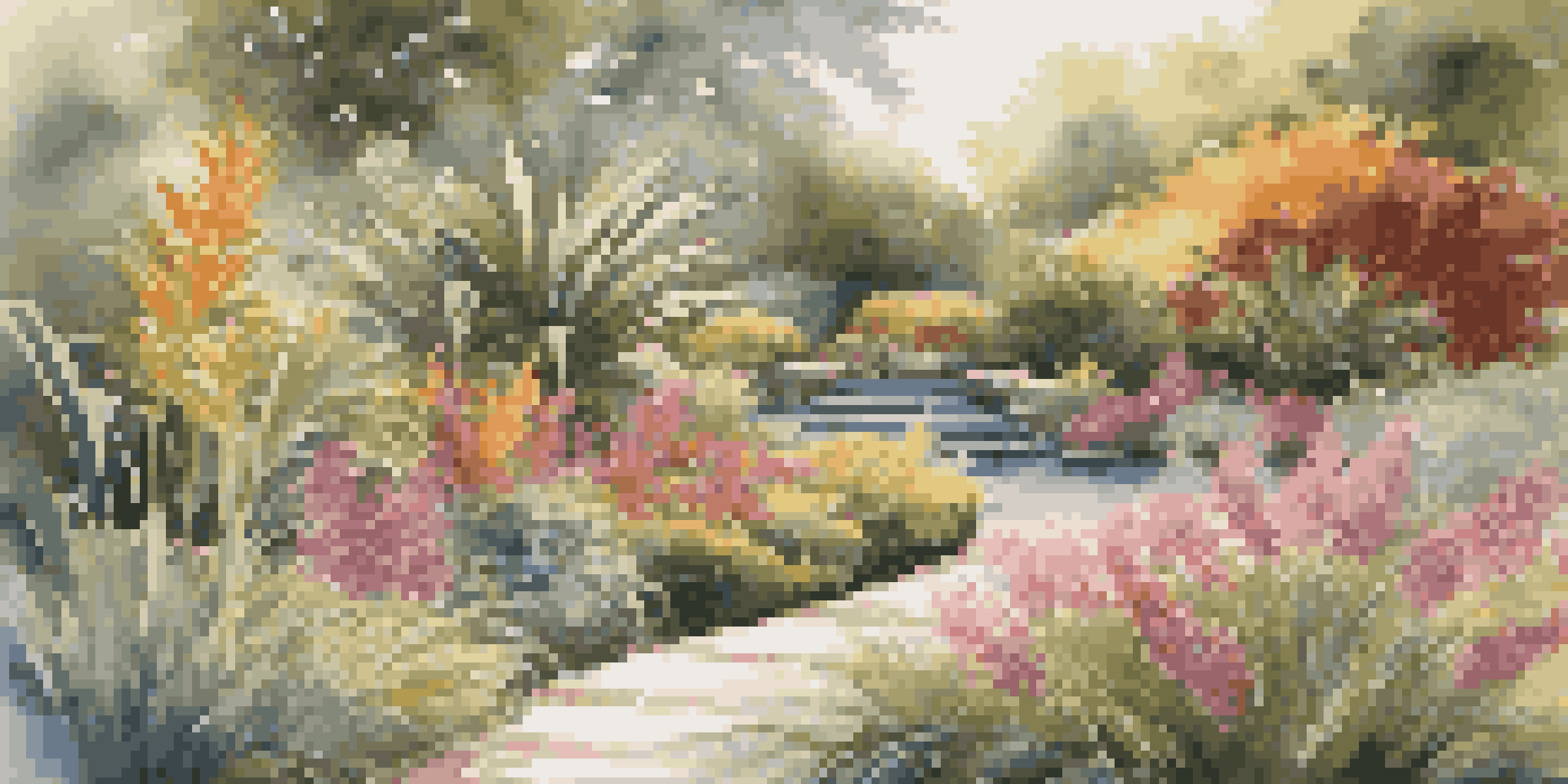A vibrant garden filled with exotic plants and flowers, with a stone pathway and a sparkling water feature in the background, illuminated by soft sunlight.