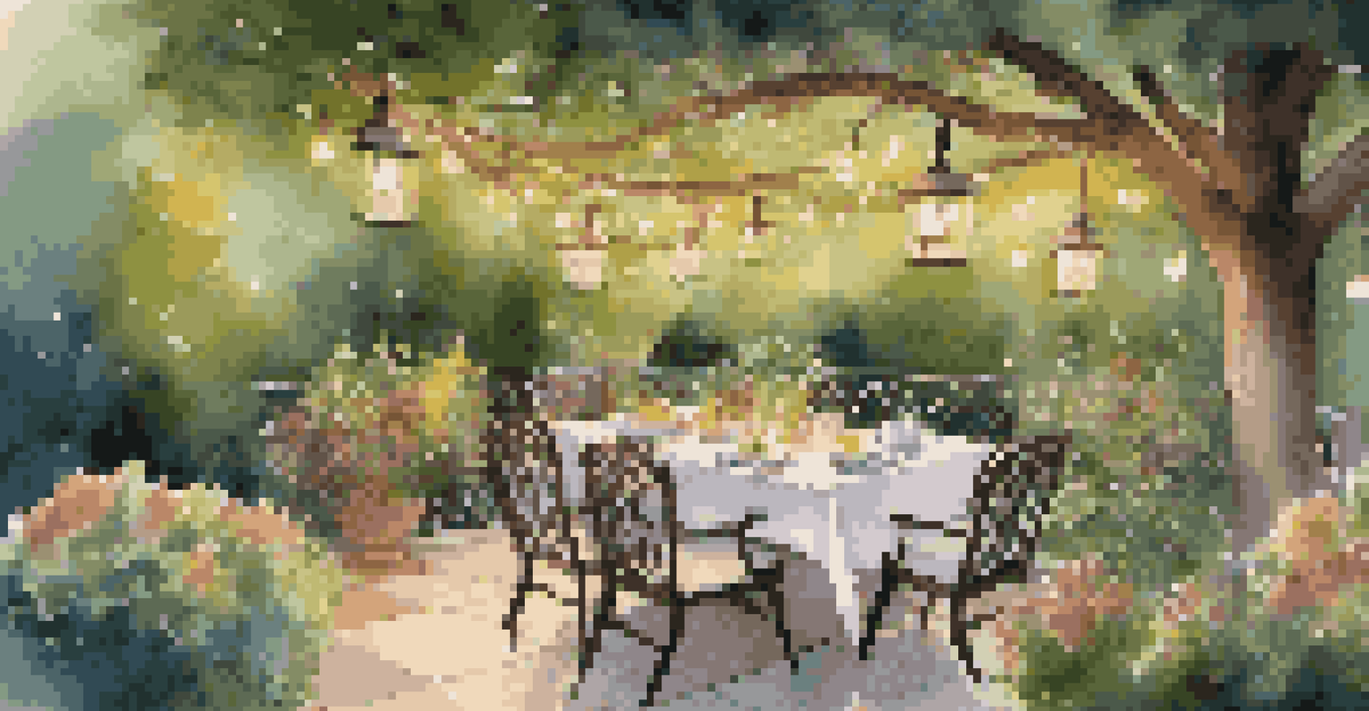 An elegant outdoor dining area in a garden, featuring a table set for dinner under twinkling lights.