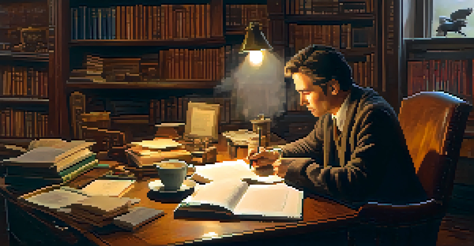 A renowned author at a vintage writing desk, with books and notes, illuminated by warm light, representing storytelling.