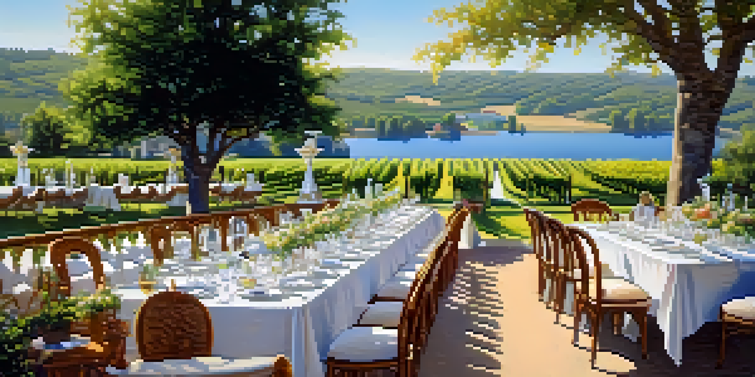 An outdoor wine and food festival with elegantly set tables, colorful gourmet dishes, and a vineyard backdrop under soft sunlight.