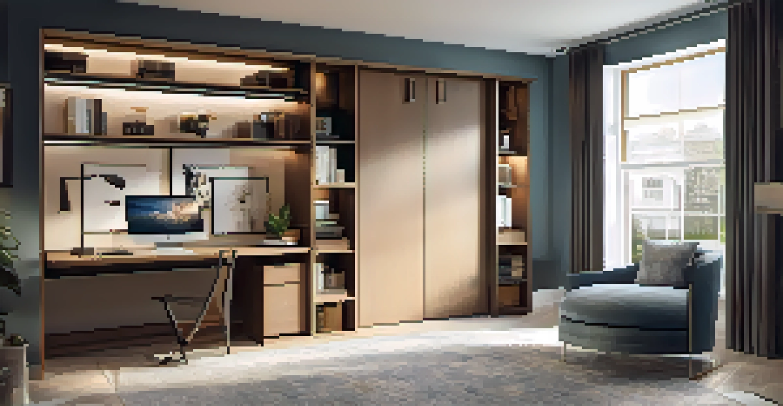 A modern home office with a Murphy bed, stylish decor, and warm lighting, designed for versatility and comfort.