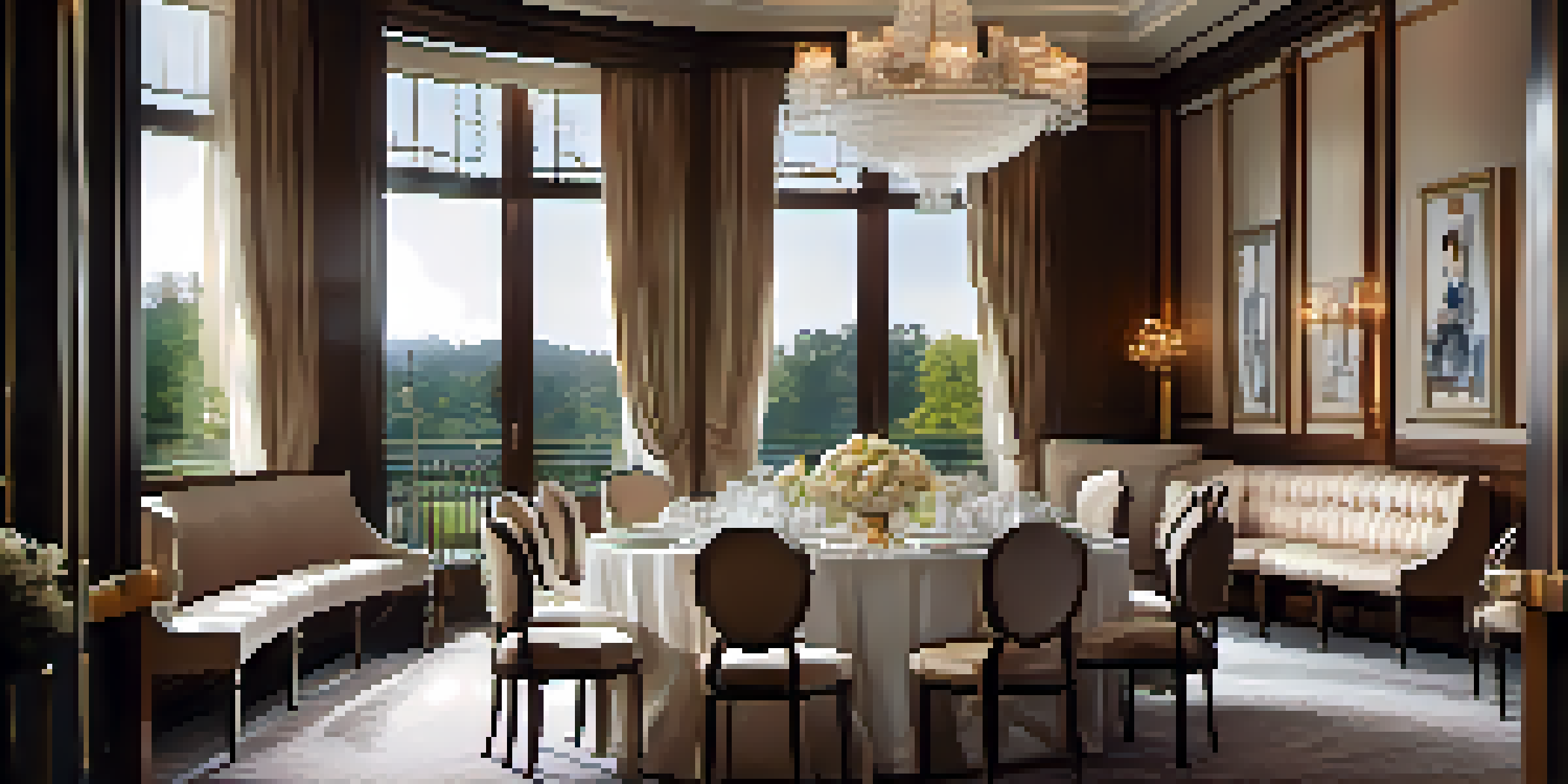 An elegant private dining room in a luxury club with a long table set for dinner, featuring fine china and crystal glassware, illuminated by soft warm lighting.