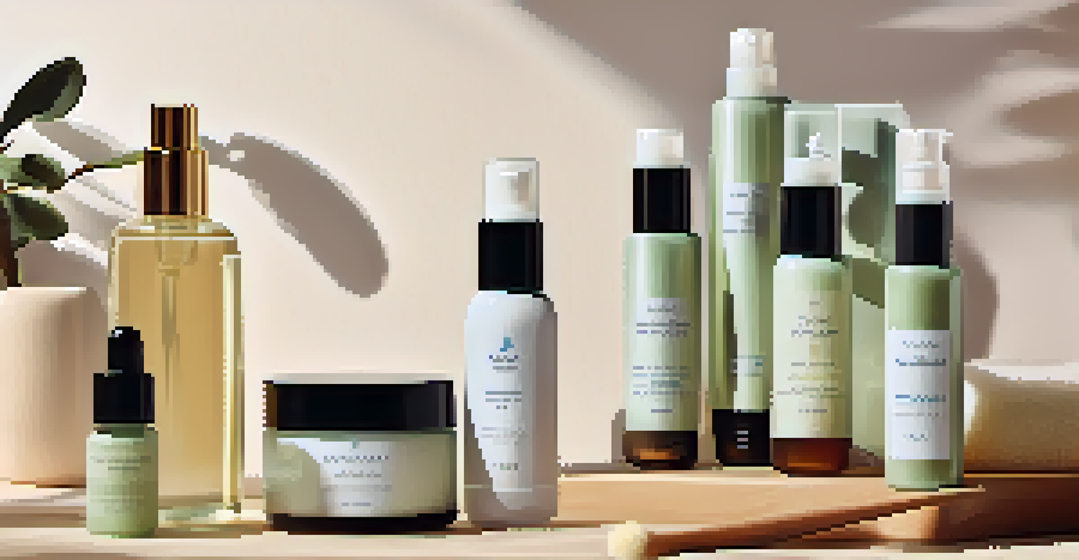 An aesthetically pleasing arrangement of personalized skincare products on a wooden vanity, featuring serums, moisturizers, and a jade roller, with soft textiles in the background.