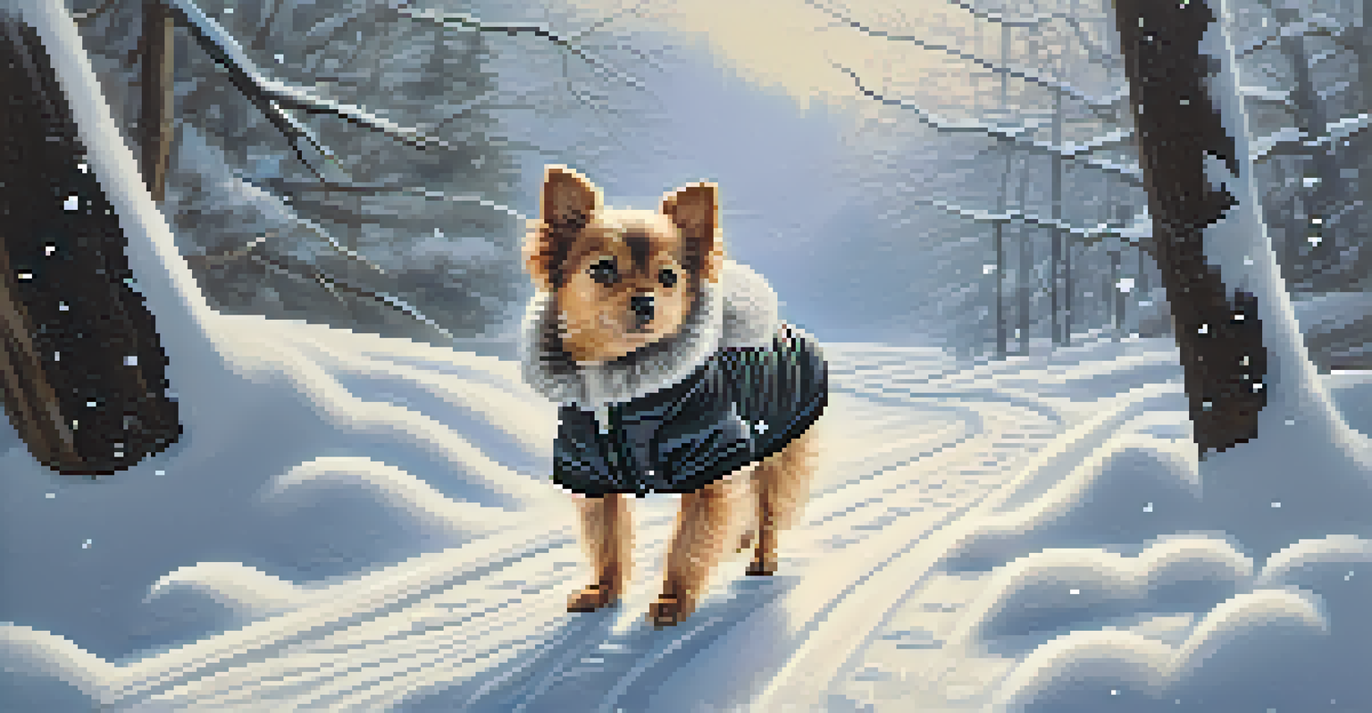 A small dog in a down jacket and ear warmers on a snowy path, surrounded by falling snowflakes and a winter landscape.