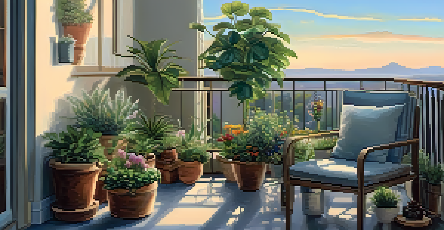 An outdoor balcony garden with houseplants, a cup of herbal tea, and a comfortable chair in soft evening light.
