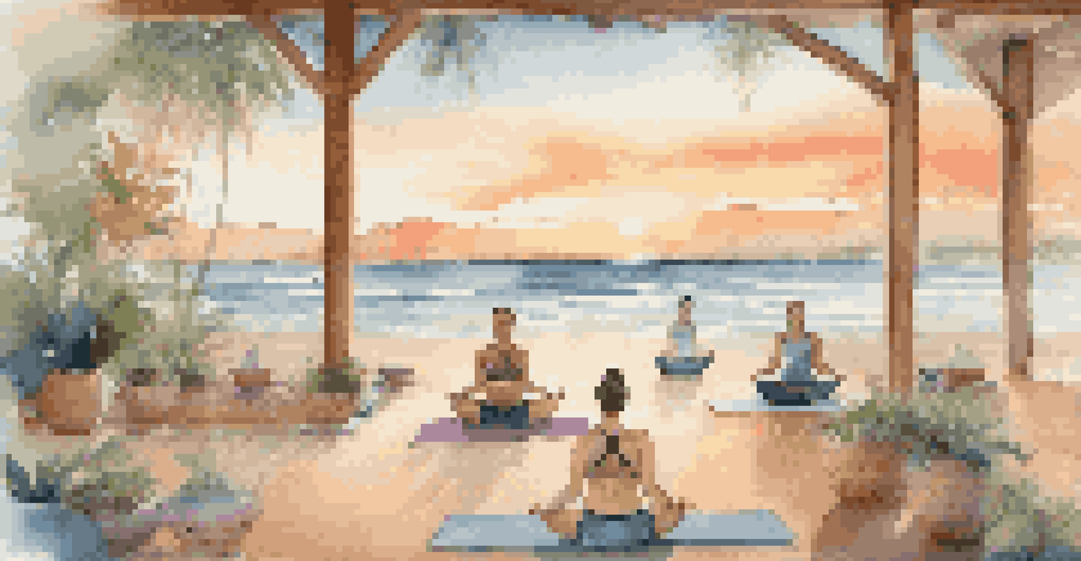A person practicing yoga on a beach at sunrise, with healthy meals on a table nearby.