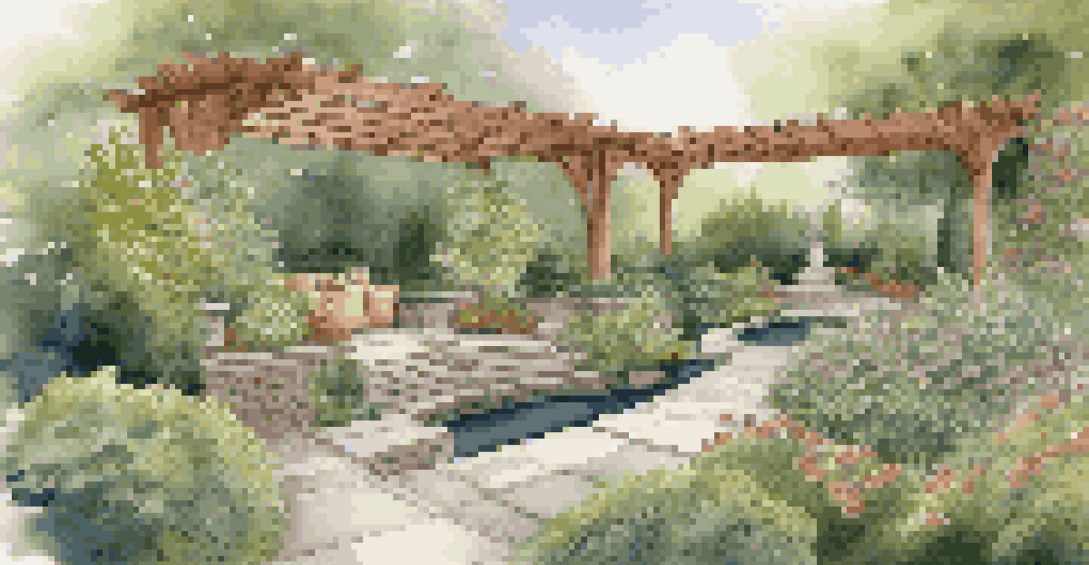 An elegant garden in a cooler climate with ferns, flowering shrubs, a wooden pergola, and a gentle stream.