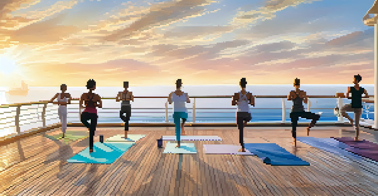 A peaceful yoga class on a cruise ship deck at dawn, with the ocean in the background.