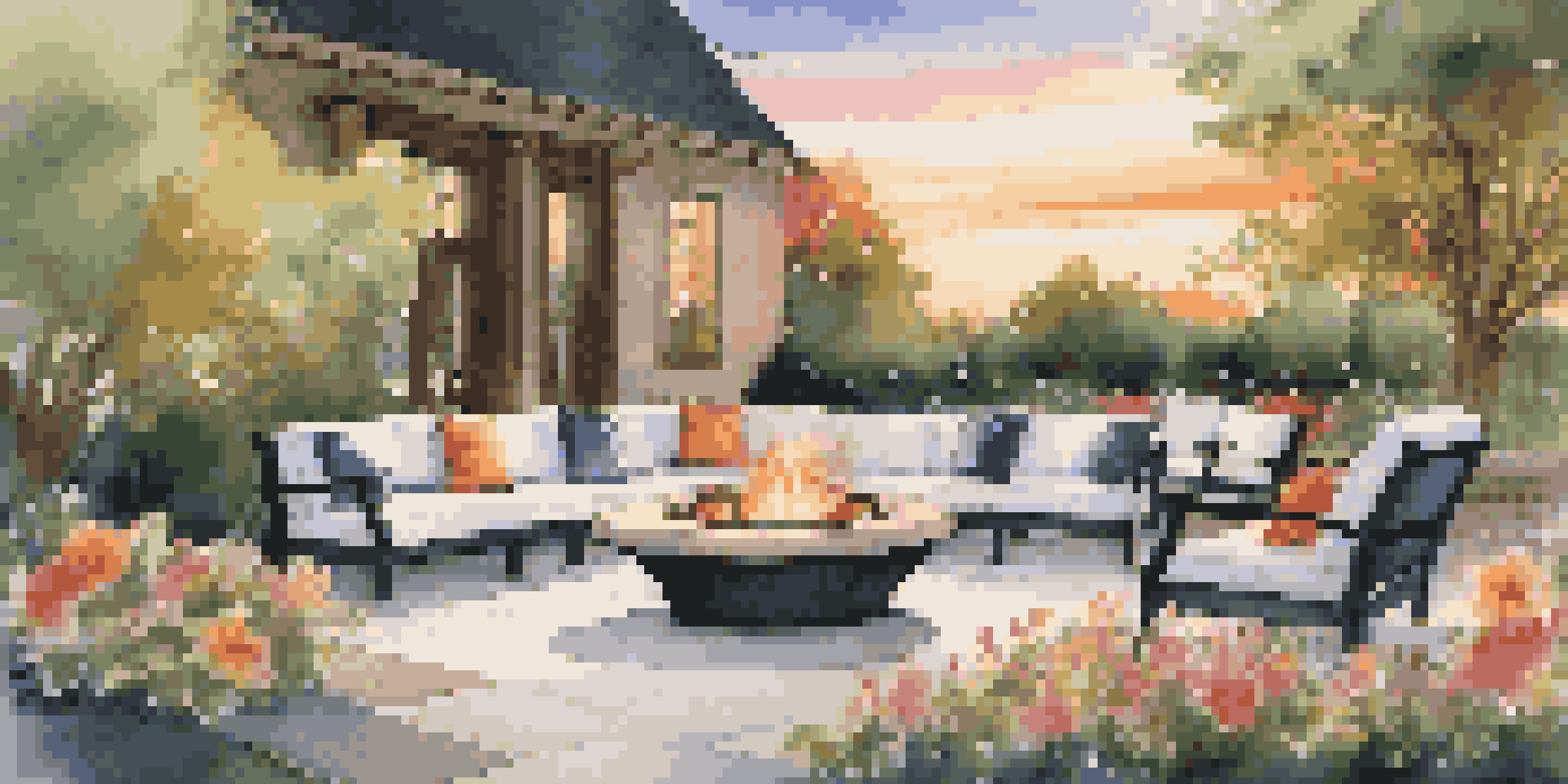 A luxurious outdoor living area with comfortable seating, a dining table, and a fire pit amidst colorful flowers, illuminated by soft lighting at sunset.