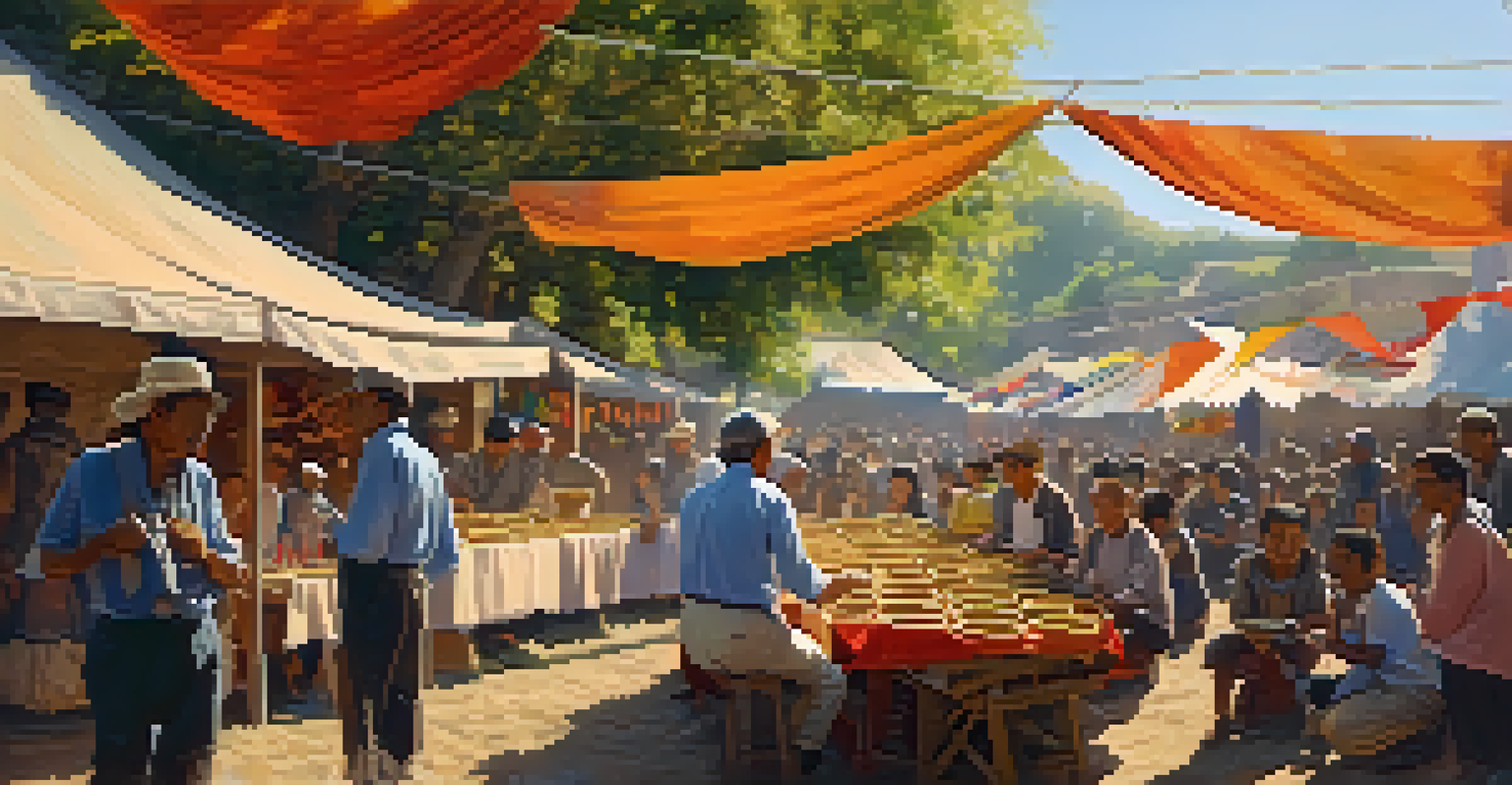 A village festival with a local artisan showcasing traditional crafts, under warm sunlight and colorful decorations.