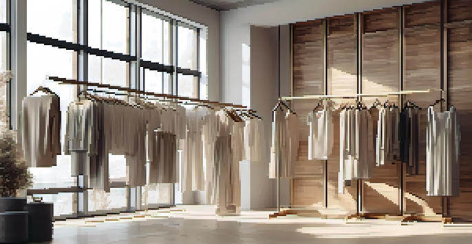 A fashion boutique interior featuring eco-friendly clothing with organic cotton and recycled materials, designed with neutral colors and natural light.