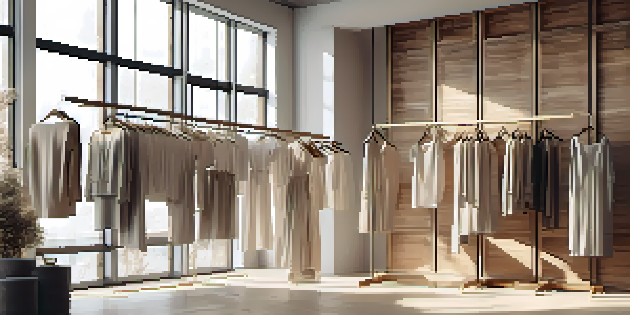 A fashion boutique interior featuring eco-friendly clothing with organic cotton and recycled materials, designed with neutral colors and natural light.