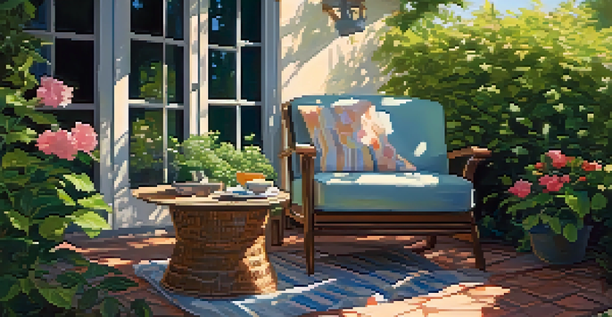 A peaceful outdoor reading area with a comfortable chair and colorful plants, illuminated by soft sunlight.