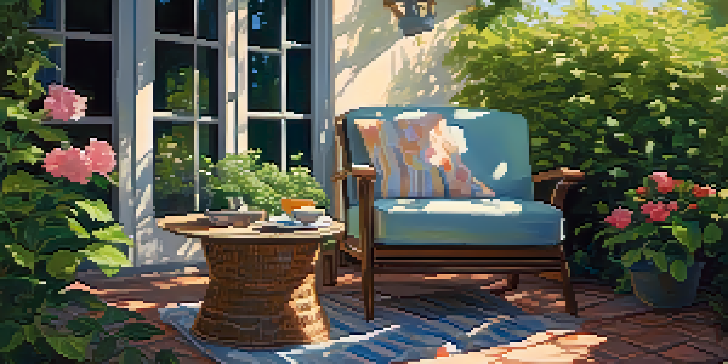 A peaceful outdoor reading area with a comfortable chair and colorful plants, illuminated by soft sunlight.