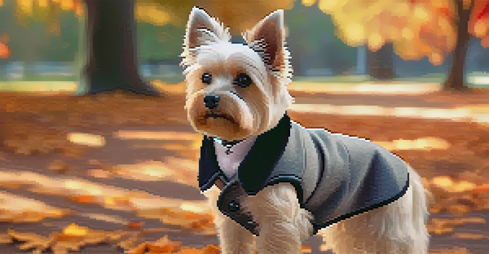 A small dog in a designer coat standing in an autumn park with colorful leaves.