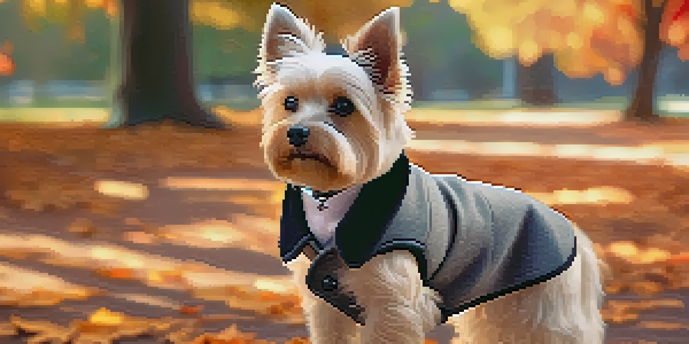 A small dog in a designer coat standing in an autumn park with colorful leaves.