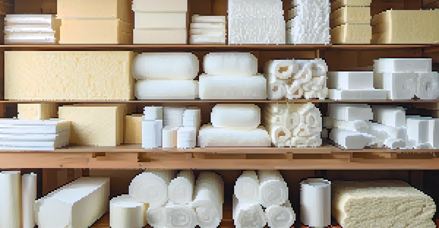 Different types of insulation materials displayed on a table, including fiberglass and spray foam.
