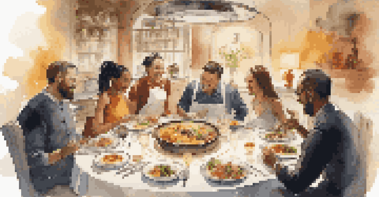 A chef presenting a dish to a group of diverse diners at a chef's table in a stylish kitchen, with vibrant food and engaged guests.