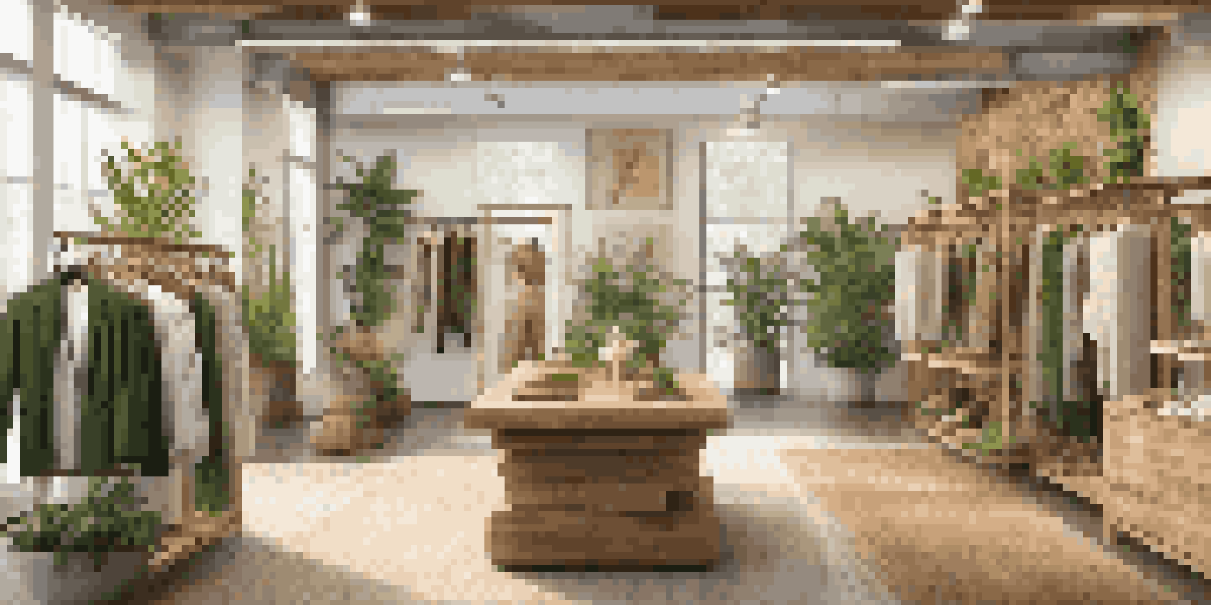 An interior view of an eco-friendly boutique with sustainable fashion, featuring natural materials and plants.